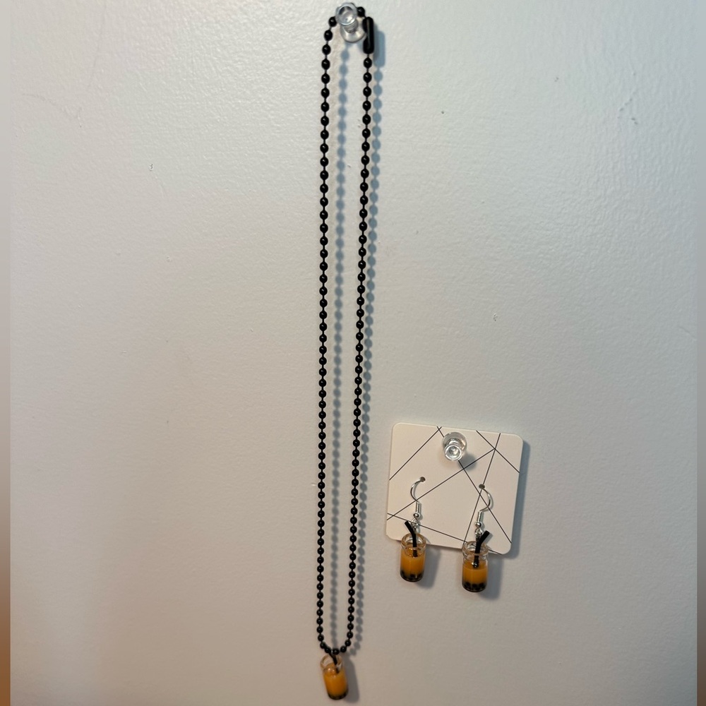 Black and Orange Boba Handcrafted Necklace and Earring Set